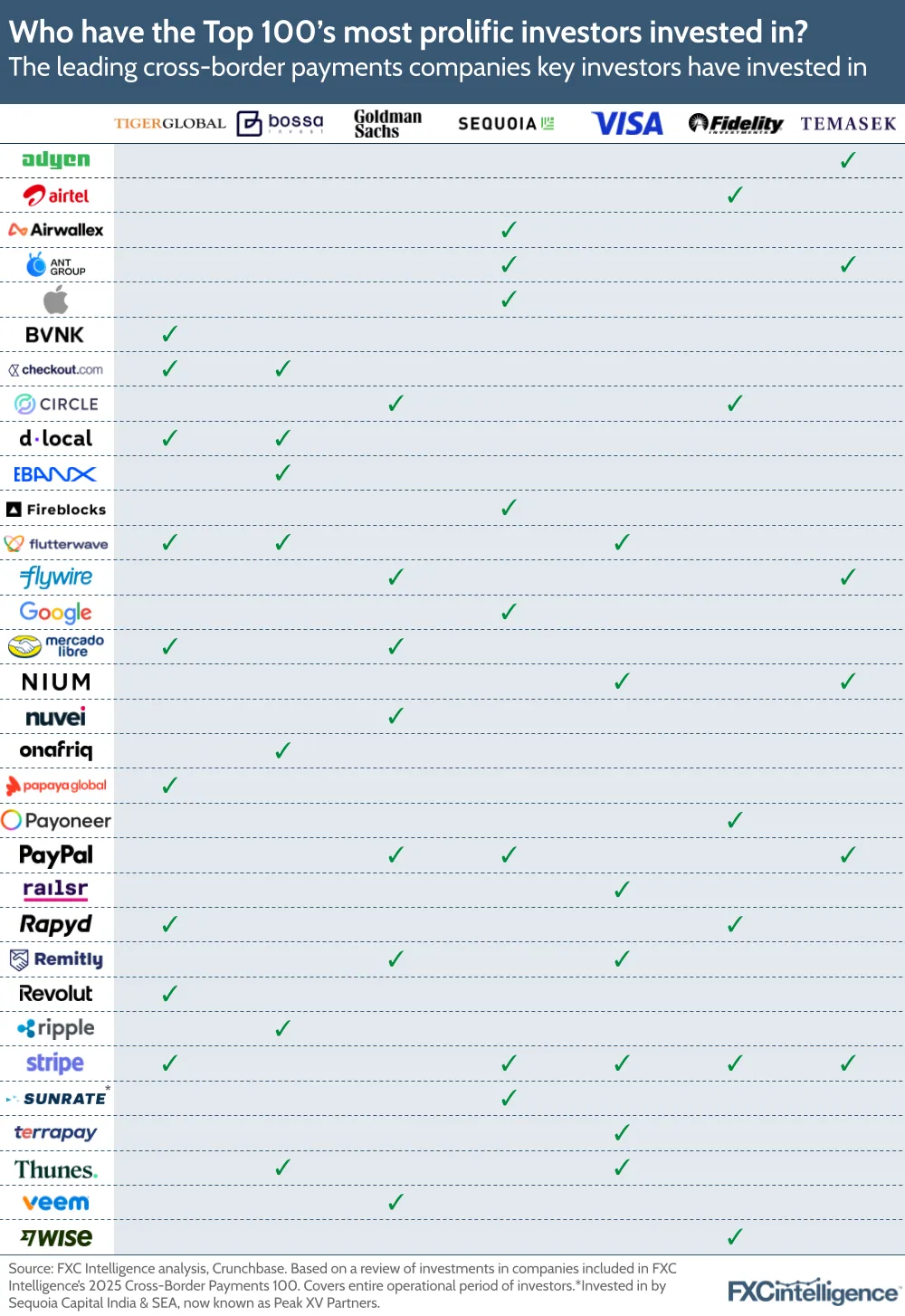 A graphic showing the leading cross-border payments companies that key investors have invested in