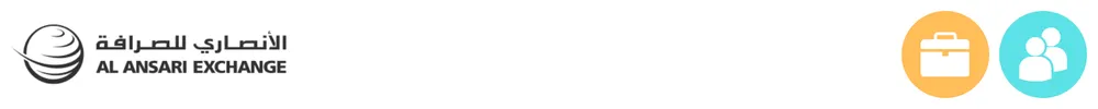 The logo of Al Ansari Exchange with icons showing its role in consumer-to-consumer payments, business payments