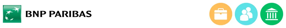The logo of BNP Paribas with icons showing its role in consumer-to-consumer payments, business payments, banking