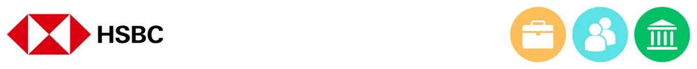 The logo of HSBC with icons showing its role in consumer-to-consumer payments, business payments, banking