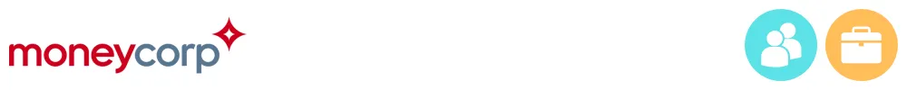 The logo of Moneycorp with icons showing its role in consumer and business payments