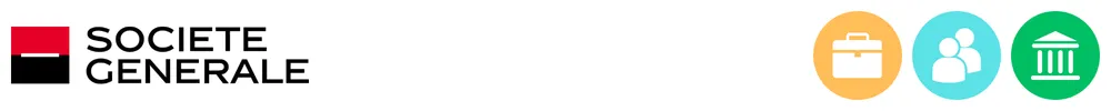 The logo of Societe Generale with icons showing its role in consumer-to-consumer payments, business payments, banking
