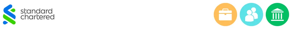 The logo of Standard Chartered with icons showing its role in consumer-to-consumer payments, business payments, banking