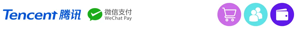 The logo of Tencent with icons showing its role in ecommerce and marketplaces, consumer-to-consumer payments, consumer digital wallets