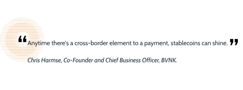 A pullquote graphic with a quote from Chris Harmse, Co-Founder and Chief Business Officer, BVNK reading “Anytime there's a cross-border element to a payment, stablecoins can shine.”