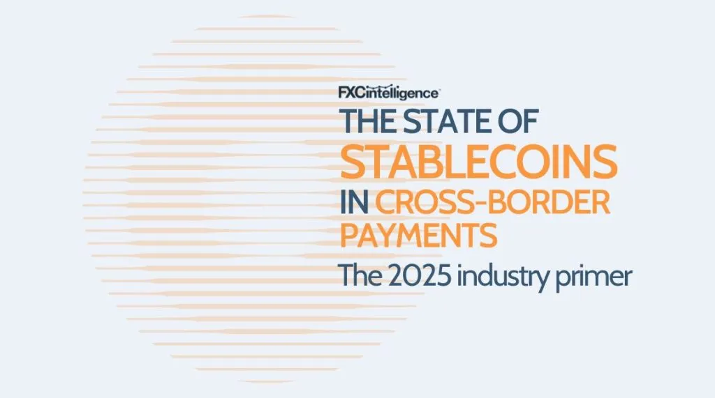 An orange visualisation of a coin with the FXC Intelligence logo and text saying The state of stablecoins in cross-border payments: The 2025 industry primer