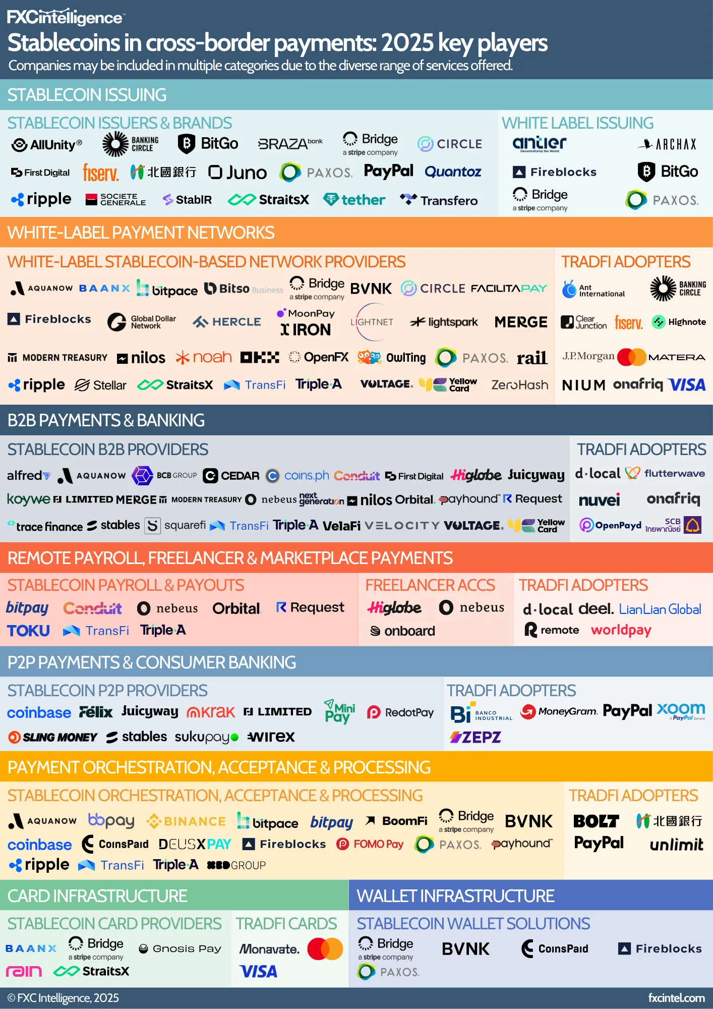 A market map graphic showing key players in stablecoins in cross-border payments for 2025
