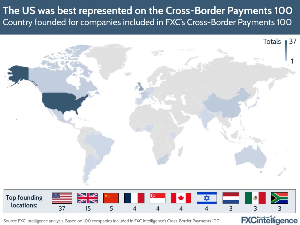 A map graphic showing the countries that companies on the FXC's Cross-Border Payments 100 were founded in