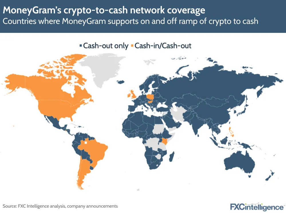 MoneyGram’s crypto-to-cash network coverage
Countries where MoneyGram supports on and off ramp of crypto to cash
