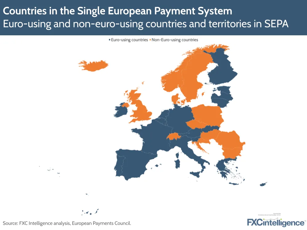 Countries in the Single European Payment System
Euro-using and non-euro-using countries and territories in SEPA