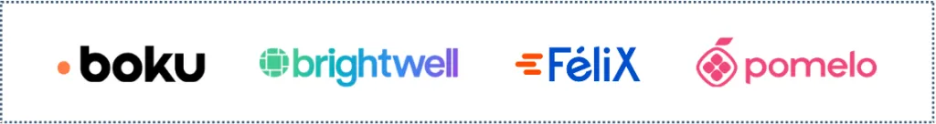 A graphic showing the logos for the North America section of FXC Intelligence's 2024 Cross-Border Payments Global Most Promising Companies: Boku, Brightwell, Felix Pago and Pomelo