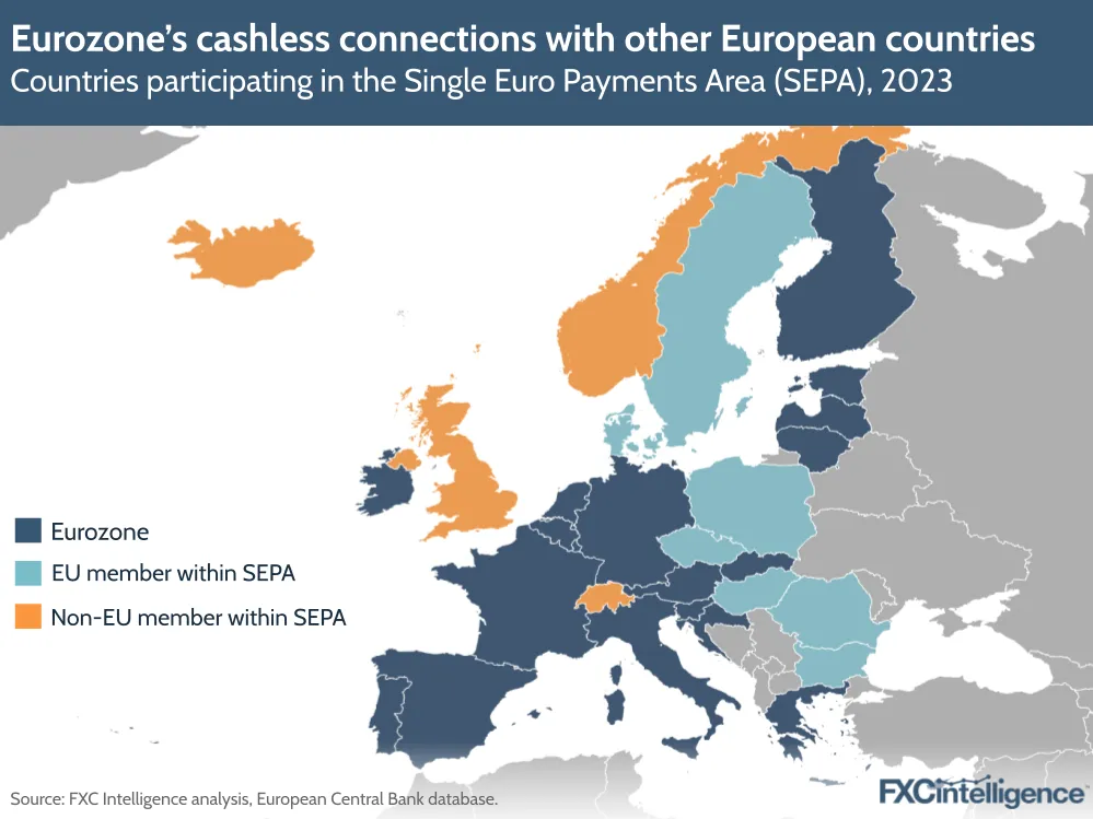 A graphic showing countries participating in the Single Euro Payments Area (SEPA), 2023