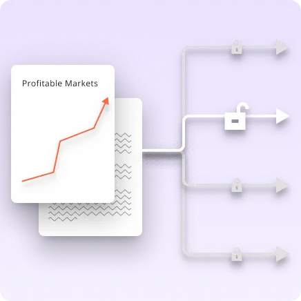 A graphic showing a chart with the title profitable markets on which an arrow is rising incrementally; from this chart extends four branching lines, one of which has an unlocked padlock icon on