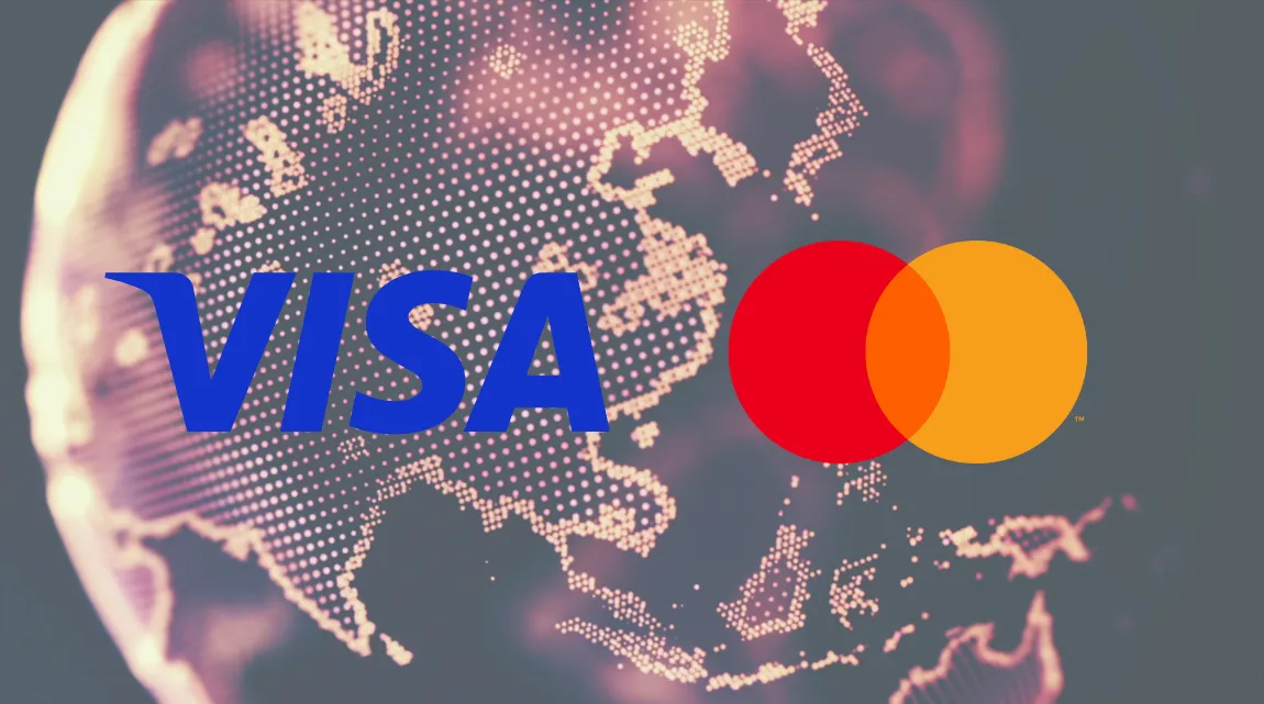 A visualisation of the globe with Visa and Mastercard's logos overlaid