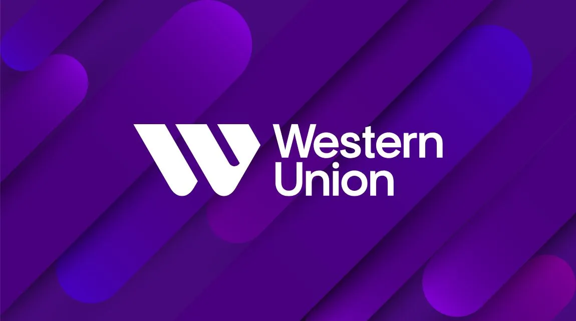 An image of purple diagonal bars with rounded tops, with the Western Union logo overlaid