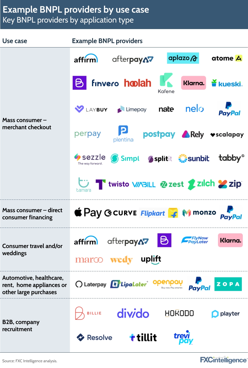 Example BNPL providers by use case: Key BNPL providers by application type
