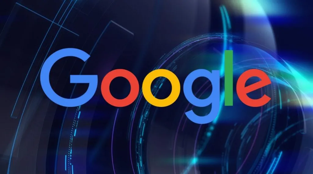 A blue digital visualisation with Google's logo overlaid
