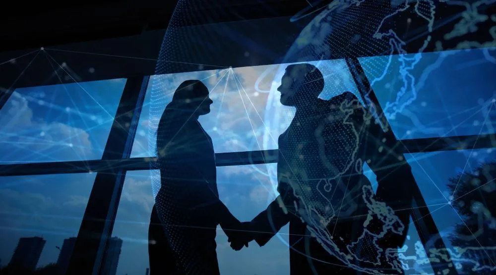 A visualisation of two people shaking hands with a digital globe overlaid