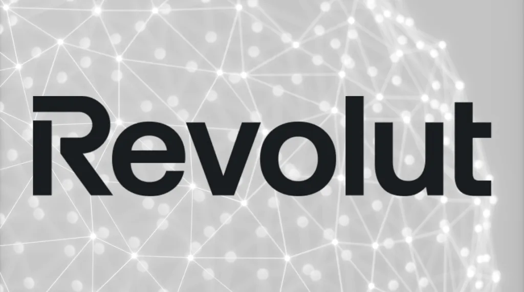 A graphic showing Revolut's logo on top of a faded geometric pattern