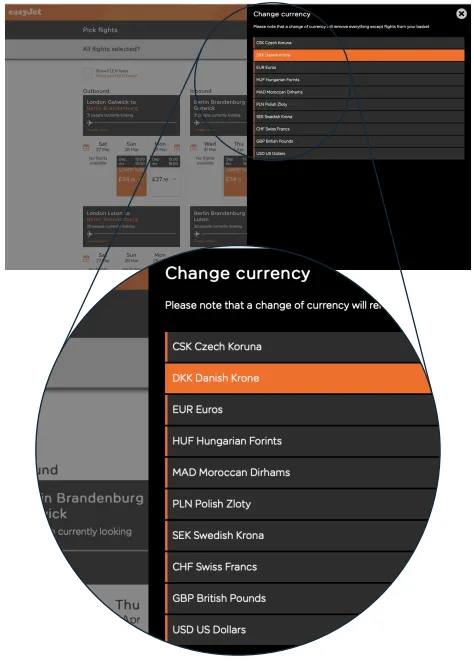 Changing currency on Easyjey