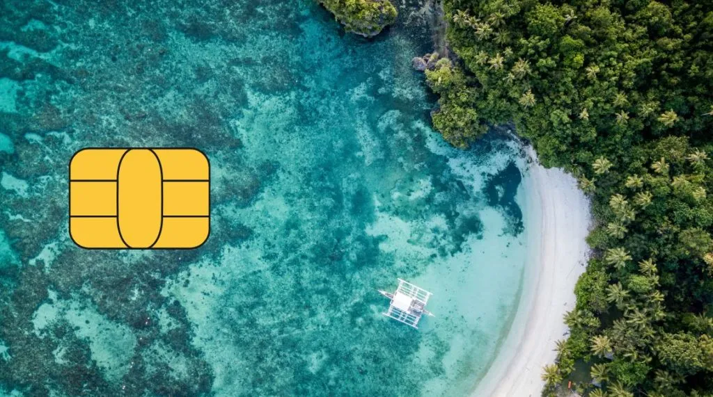 An image of a Thai beach with a card chip overlaid