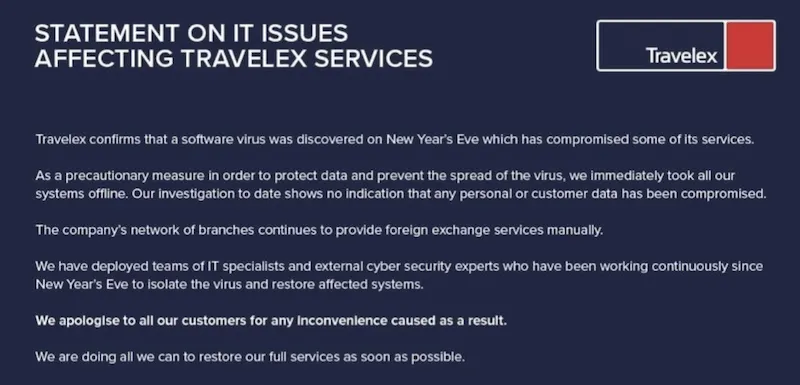 Travelex statement about the cyber attack on its website on 7 January 2020