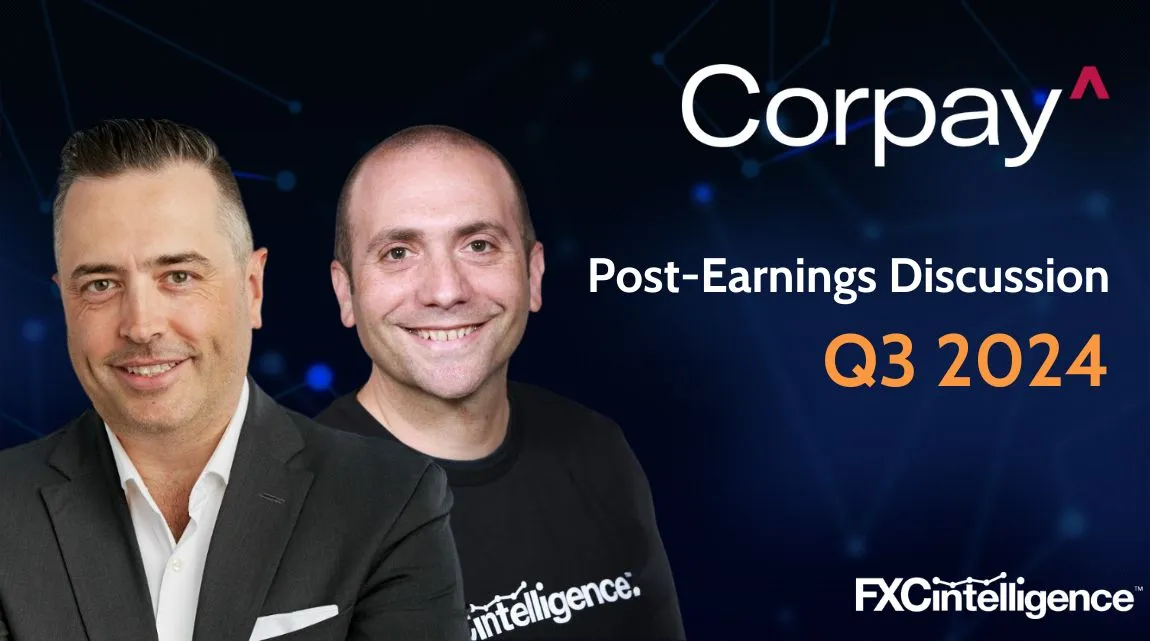 An image of Corpay Cross-Border Solutions Group President Mark Frey with FXC Intelligence CEO Daniel Webber, alongside Corpay and FXC Intelligence's logos, with the text 'Post-Earnings Discussion Q3 2024'