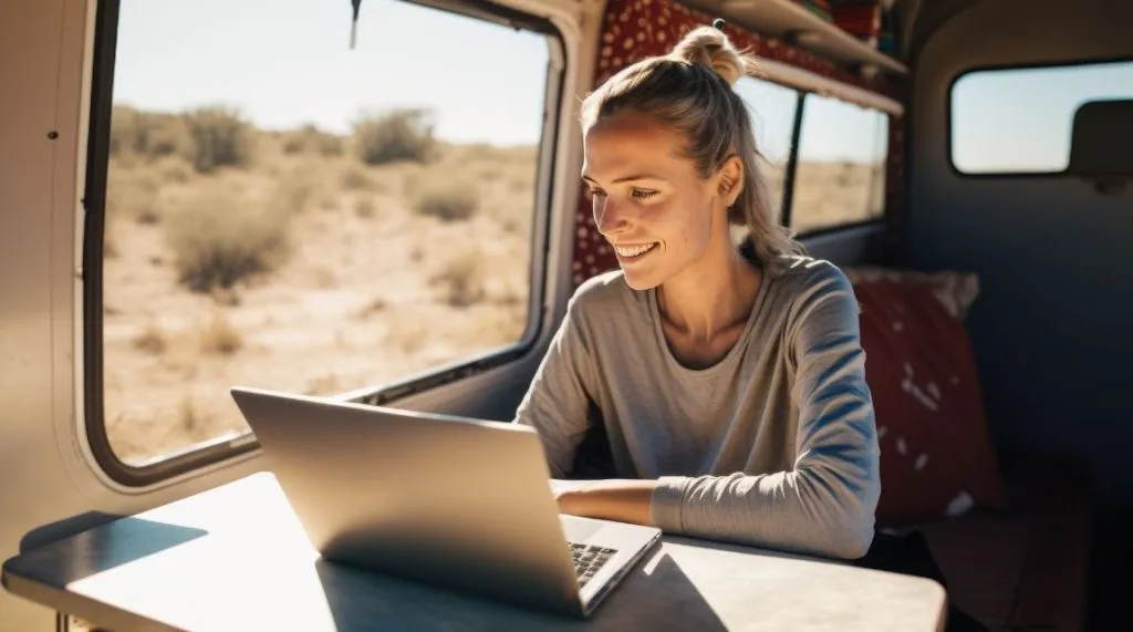 A photo of a young women with a laptop, sat in perhaps an RV