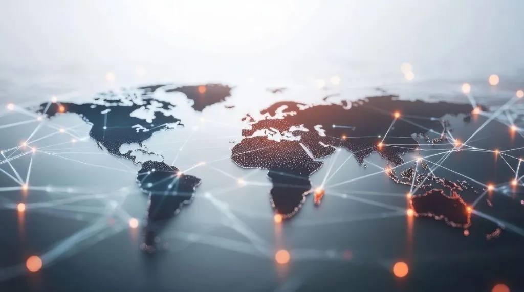 A visualisation of a world map with various red pins of light interconnected by beams of white light