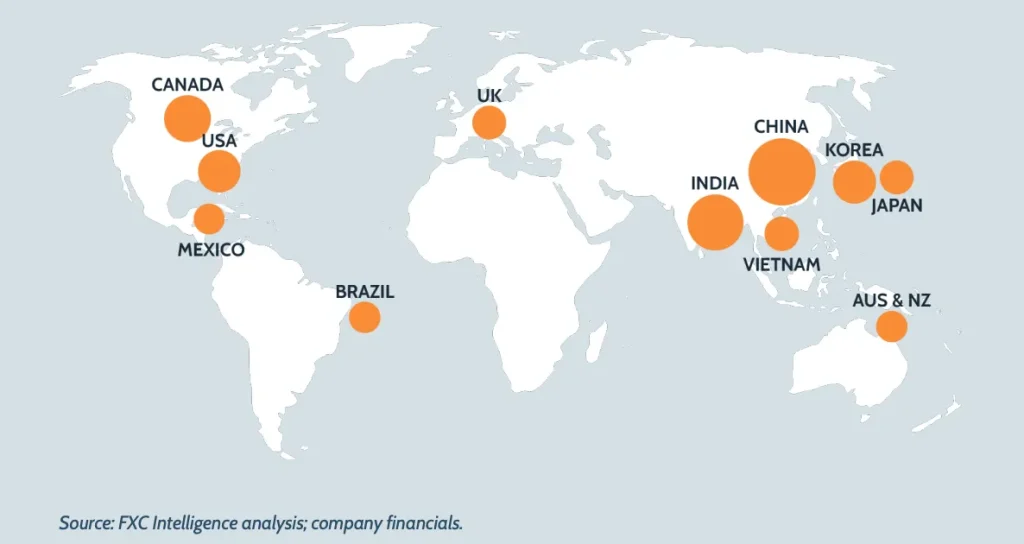 A graphic showing Flywire's payment volumes across countries around the world, 2020.