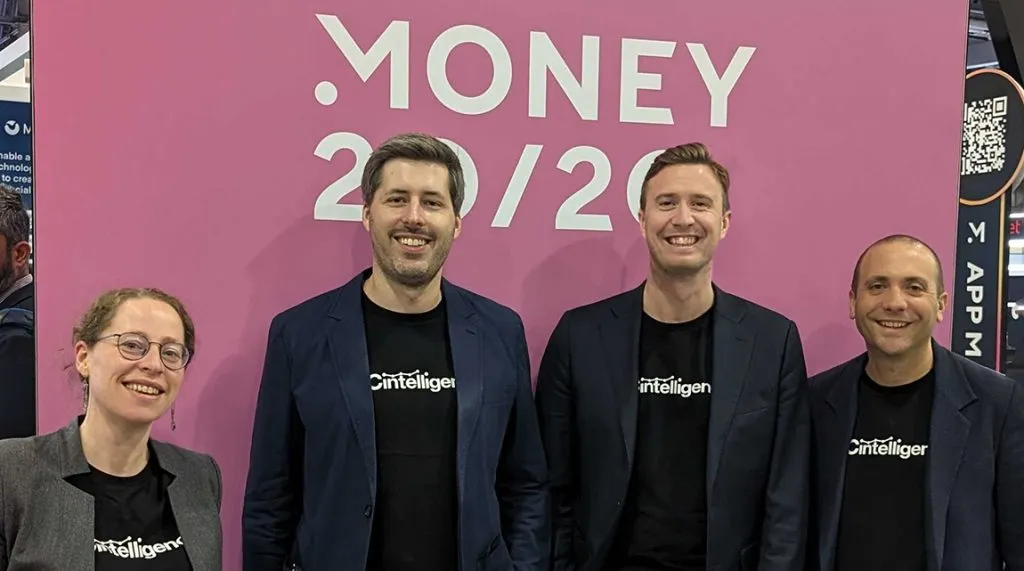 The FXC Intelligence team at Money20/20 USA. 
(L-R) Lucy Ingham, Head of Content and Editor-in-Chief; Cameron Graham, Head of Platform Products; Ben Disley, Head of Commercial; Daniel Webber, CEO