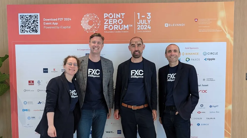 FXC Intelligence attendees at Point Zero Forum 2024. (L-R) Lucy Ingham, Head of Content & Editor-in-Chief; Ben Disley, Head of Commercial; Ian Manns, VP Cards & Global Indices; Daniel Webber, CEO