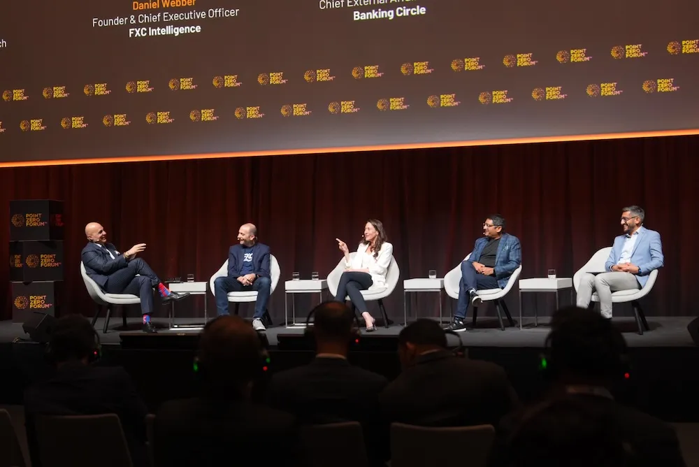 ‘Evolution of cross-border payments: Next-gen solutions’ at Point Zero Forum 2024. (L-R) Arjun Vir Singh, Partner & Global Co-Head of Fintech at Arthur D. Little; Daniel Webber, CEO at FXC Intelligence; Livia Benisty, Chief External Affairs Officer at Banking Circle, Milind Sanghavi, Co-Founder & CEO at XWeave.io; Varun Paul, Business Lead for CBDC, FMI & Blockchains at Fireblocks