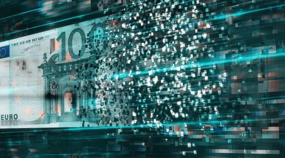 A visualisation of a euro note becoming digitised to depict digital money transfers, one of a number of trends in remittances in Q2 2023.