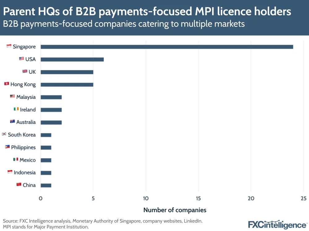 Parent HQs of B2B payments-focused MPI licence holders
B2B payments-focused companies catering to multiple markets