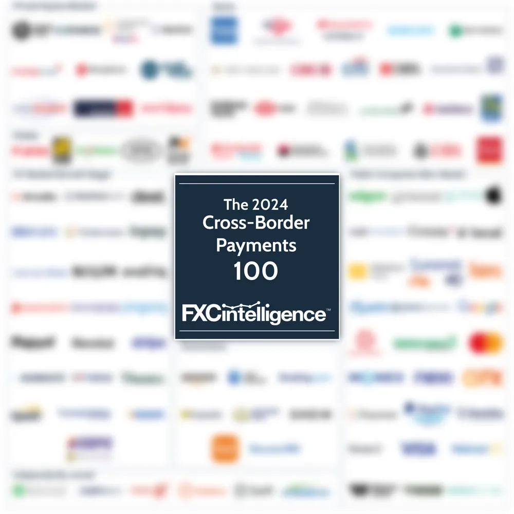 A blurred version of FXC Intelligence's 2024 Cross-Border Payments 100 market map, featuring the logos of the top 100 companies