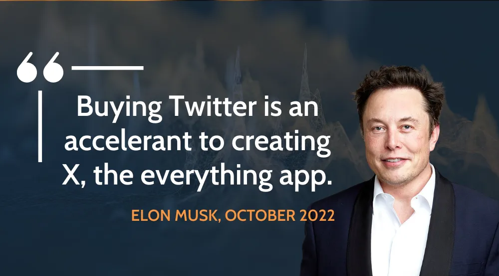 "Buying Twitter is an accelerant to creating X, the everything app." - Elon Musk, October 2022