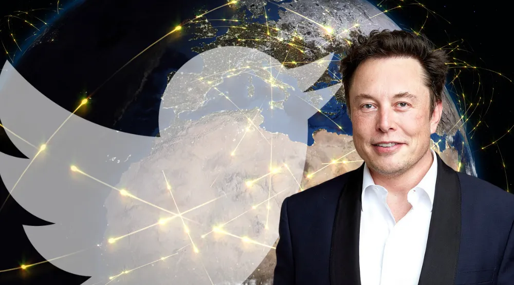 Elon Musk and the Twitter logo over an image of the world with beams of light representing global payments circling it