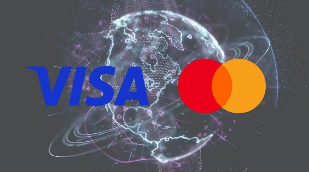 A visualisation of the globe with Visa and Mastercard's logos overlaid