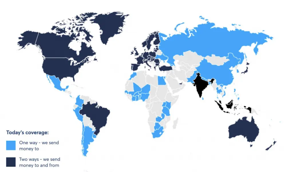 Wise's global coverage at the time of the direct listing