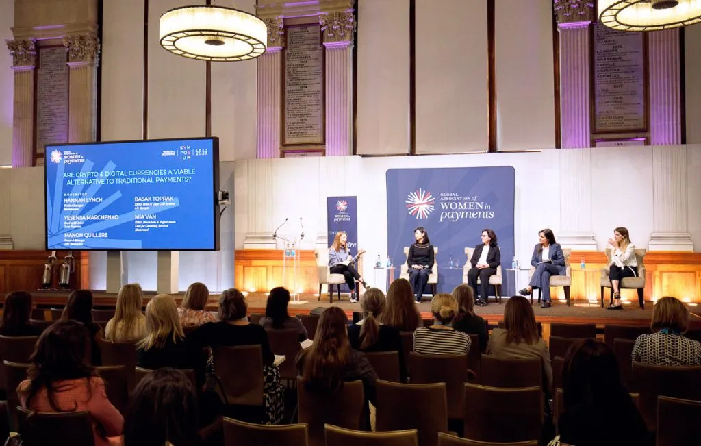 FXC Intelligence Research Manager Manon Quillere (far right) discussed the potential of digital currency payments with co-panelists (L-R) Hannah Lynch, Product Manager, Blockdaemon; Mia Van, EMEA Blockchain & Digital Assets Lead for Consulting Services, Mastercard; Basak Toprak, EMEA Head of Onyx Coin Systems, J.P. Morgan; and Yeseniia Marchenko, Head of EU Sales, Trust Payments. Image courtesy of Women in Payments