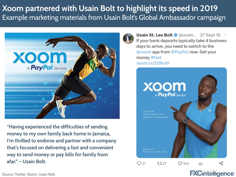 Xoom partnered with Usain Bolt to highlight its speed in 2019
Example marketing materials from Usain Bolt's Global Ambassador campaign